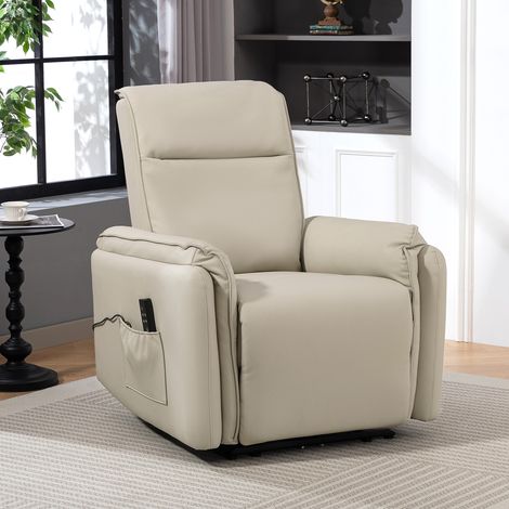 Fauteuil de massage électrique. Revêtement en similicuir. Repose-pieds. Poche latérale. Beige. (1/5)
