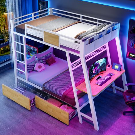 Lit superposé en métal 90×200, lit enfants, avec bureau gaming avec prises électriques, ports USB et Type-C, LED, 2 tiroir, blanc (1/5)