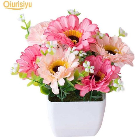 Chrysanthème artificiel, gypsophile, pot en bois, bonsaïrose (1/5)