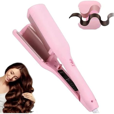 Fer à friser rose 32 mm, fer à friser effet French Wave avec 4 réglages de température pour des ondulations effet plage et de belles boucles roses (1/5)