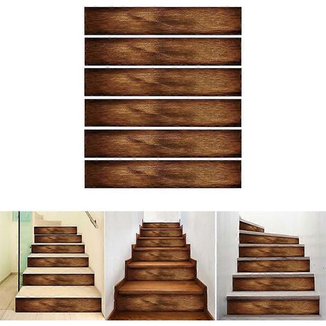 Lot de 6 stickers muraux adhésifs imitation bois pour sol et escalier, idéal pour la décoration de salle de bain et de cuisine. Imperméables et résistants. (1/4)