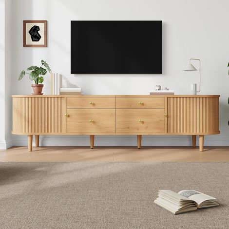 Meuble TV 180 cm, banc télé avec bords arrondis et 2 portes coulissantes vague, 4 tiroirs, pieds en bois, style rustique pour salon, couleur chêne