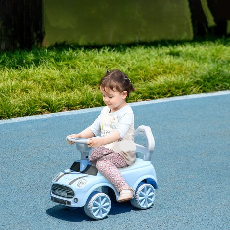 Cochecito infantil con sistema antivuelco, respaldo, claxon, asiento antideslizante, color azul claro. (1/5)
