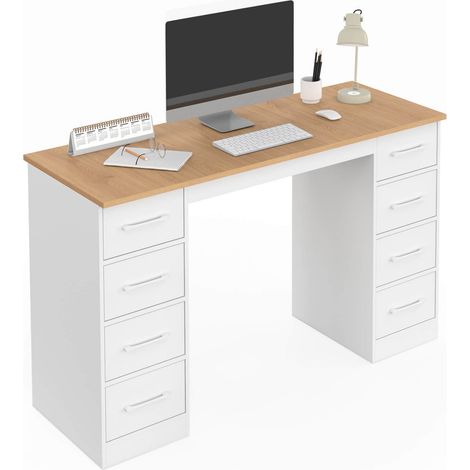 Bureau avec 8 tiroirs en tissu 120x45 cm UPPAH blanc et bois (1/5)