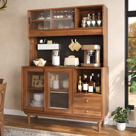 Credenza da cucina con ante scorrevoli in vetro cannettato 117 x 30 x 170 cm - mobile dispensa con pannello forato cassetti e vani in mdf - noce (1/5)