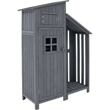 Abri de jardin en bois - 124x46x174cm - 2 étagères - 8 pieds en bois massif - Gris (1/5)