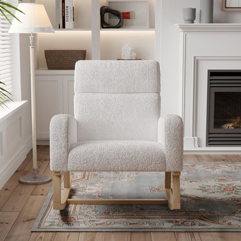Eifson – Fauteuil à bascule scandinave en tissu sherpa – Dossier inclinable – Accoudoirs avec poches de rangement – Pieds en bois massif – 69x78x87cm