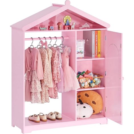 Penderie Enfant avec Miroir, Armoire de Déguisements pour Petite Fille avec Tringle à Vêtements et Étagères, Organisateur de Costumes de Princesse, pour Chambre d'enfant et Salle de Jeux, Rose (1/5)