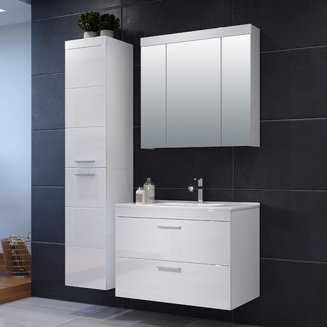 Waschplatz mit Keramik-Waschbecken inkl. Hängehochschrank DENTON-19 in Hochglanz weiß, B/H/T: ca. 131/190/47 cm (1/5)