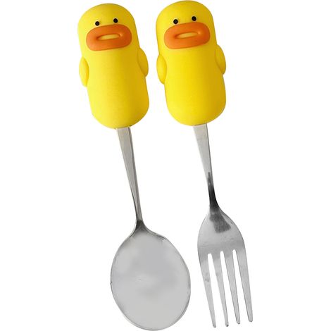 Cuillère et fourchette mignonnes en acier inoxydable, design cartoon, multifonctions métalliques pour bébés garçons et filles blanc (1/5)