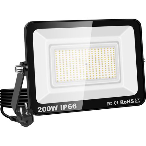 Projecteur LED 200W, étanche IP66, éclairage de sécurité 20000 lm, applique murale extérieure blanc chaud 3000K pour jardin, cour, garage, terrasse, entrepôt, avec prise UE (1 pièce)