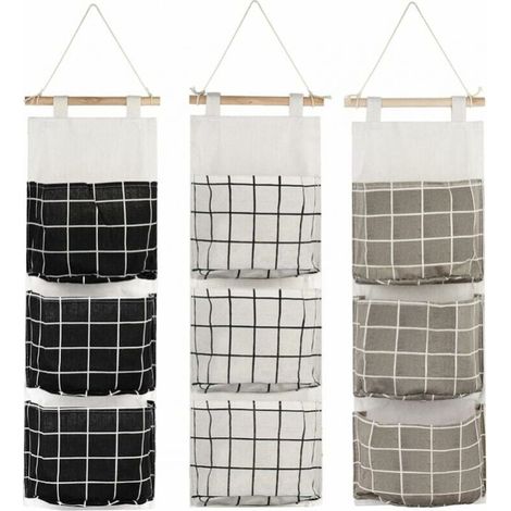 Set of 3 Hanging Storage Bag with 3 Pockets Fabric Wall Shelf Organiser for Bedroom Bathroom Kitchen - Waterproof & Stylish (Black/Grey/White) (1/5)