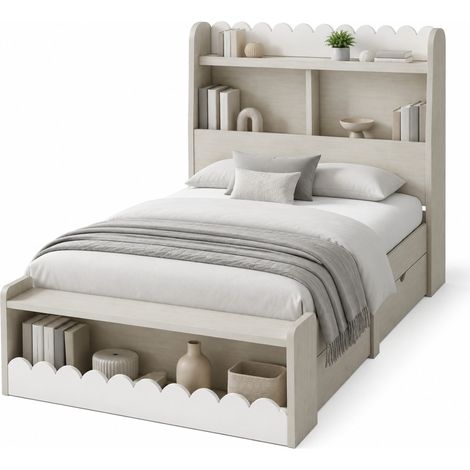 Lit enfant 90x200 cm avec rangement, 2 tiroirs, étagères à la tête et au pied, banc coffre, structure en bois et MDF, blanc et bois clair - CHICFURN (1/5)