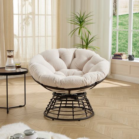 Fauteuil Papasan Pivotant à 360° en Résine Tressée - 92x92x67cm - Coussin Épais Velours Côtelé Confortable - Marron et Blanc (1/5)