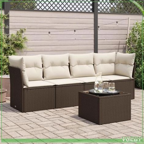 Salon de jardin - 5 pcs - Résine tressée marron - Rangement avec sac étanche - Coussins déhoussables crème (1/3)