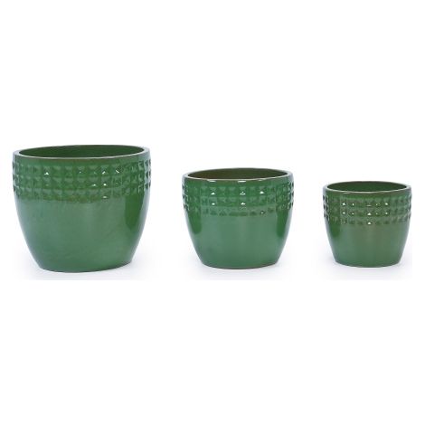 Lot De Pots De Fleurs En Céramique Verts Faits Main, 3 Pièces Motif Losange, Ø 38,1/30,5/22,9 Cm, Intérieur Extérieur
