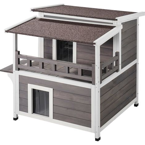 Maison extérieure chat étanche, abri bois 2 étages avec balcon, portes, volets PVC et toit ouvrant, 76 x 76 x 81 cm (1/5)