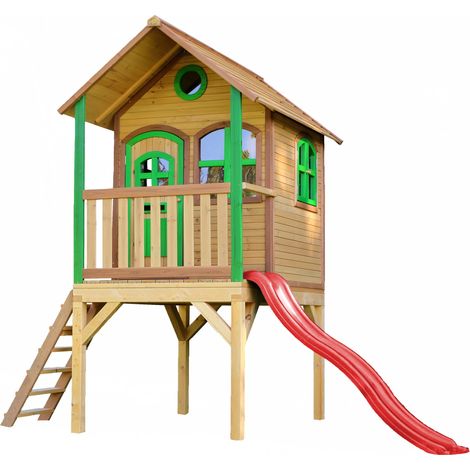 Axi Laura Maison Enfant Avec Toboggan Rouge Aire De Jeux Pour L'Extérieur En Marron & Vert Maisonnette / Cabane De Jeu En Bois Fsc