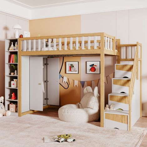 DESVIAE Lit mezzanine enfant 90 x 200 cm avec armoire étagères rangements escalier sécurisé avec tiroirs blanc et bois naturel (1/5)