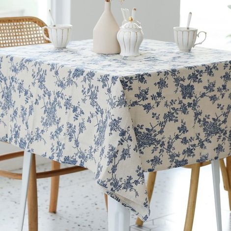Mantel, Mantel vintage, Mantel de algodón y lino, Lavable, Azul, Cuadrado 140×140cm (Apto para mesas cuadradas de 80-100cm) (1/5)