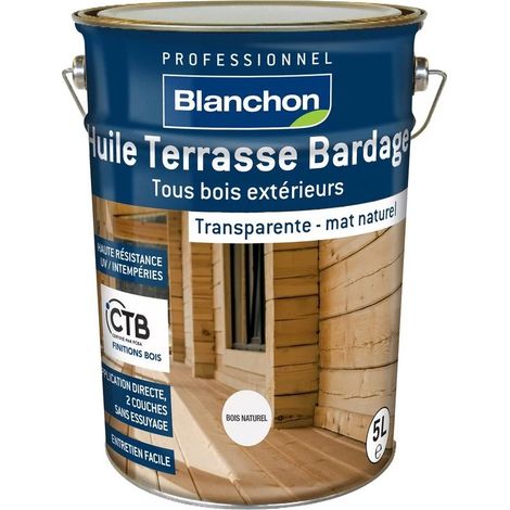 Blanchon – Huile pour bois extérieur 5 L – Protection haute résistance UV – Application facile en 2 couches – Teinte bois grisé
