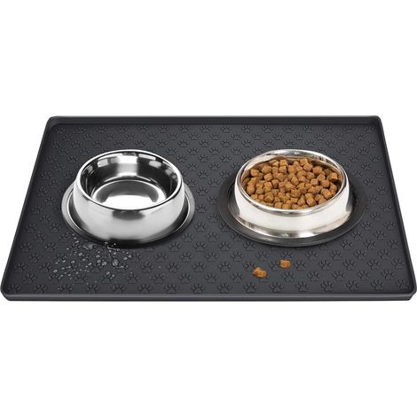 Tapis silicone antidérapant pour gamelles chien et chat, protection sol imperméable avec bord relevé, noir, repas propres (1/5)
