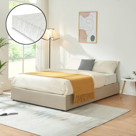 Cama matrimonio Nola somier abatible lino + colchón 140x200cm Beige [en.casa]