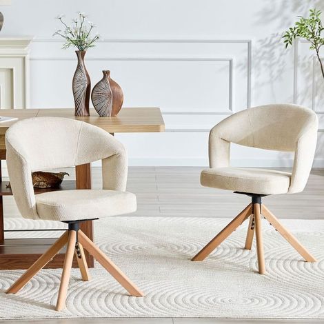 Lot de chaises 2 pièces pivotantes style rétro luxe tissu texturé crème blanc pieds en bois massif rotation silencieuse 360° dossier (1/5)