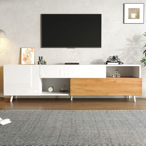 Meuble TV 1803850 cm, meuble bas avec porte inférieure et 1 tiroir, meuble TV avec 7 compartiments de rangement, panneau TV brillant, meuble de salon, adapté aux téléviseurs d’environ 75 pouces (1/5)