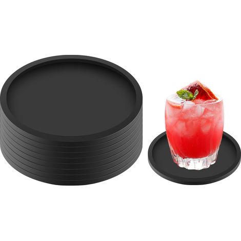 Lot de 8 Dessous de Verre Ronds en Silicone antidérapants pour café, bière, Verres à vin et Bouteilles, Parfaits pour la Maison et Le Bar (Noir) (1/5)