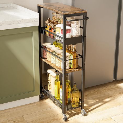 Chariot de Rangement Étroit à roulettes, Petit Chariot à 4 Niveaux avec Poignée, Profondeur 7,1 Pouces, Hauteur Réglable, Étagère Mobile pour Cuisine, Salle de Bain, Buanderie, Noir + Marron (1/5)