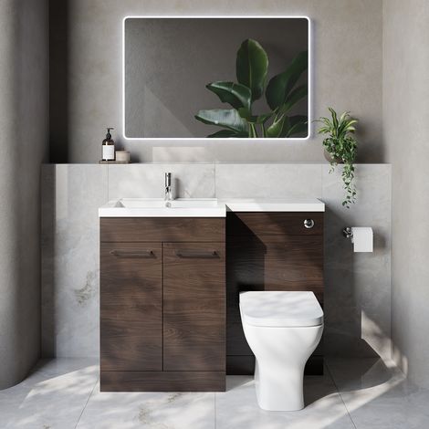 Napoli 460 Brown Oak 1100mm 2 Door Vanity Unit Toilet Suite with Left Hand Square Lucia Basin - 1100mm - Chrome 160mm HandleWith Kingston Toilet Pan and Seat