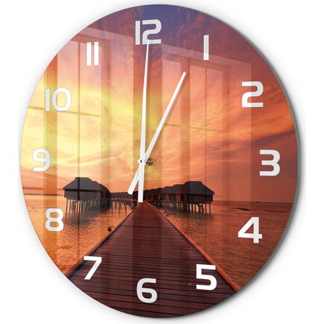Horloge Murale Ronde Salon Cuisine Chambre Verre Trempé Silencieuse Moderne Bungalows aux Maldives fi 60 cm (1/5)