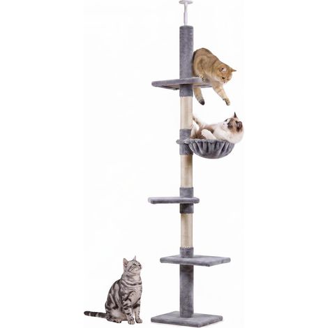 Arbre à Chat Sol Plafond 4 Niveaux Réglable 230-260 cm avec Poteaux Griffoir Sisal et Plateformes en Peluche Gris (1/5)