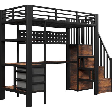 Letto a soppalco 90 x 200 cm in metallo e MDF nero con scrivania, cassetti, pannello forato e LED (1/5)
