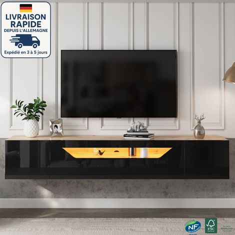 Soporte de pared para TV de 180 cm - Con 3 compartimentos - Luz LED - Apto para TV de 75" - Madera y negro