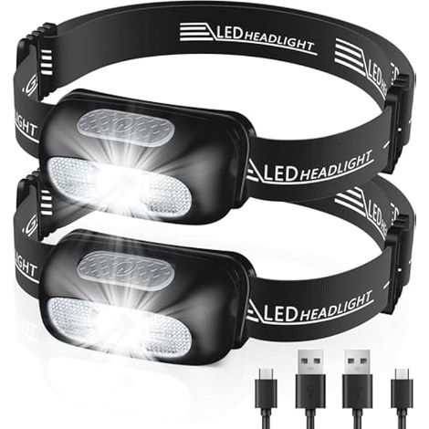 Lampe frontale LED rechargeable, ultra-légère avec lumière rouge et blanche, IPX4 étanche, 5 modes, réglable, 200 lumens pour extérieur, camping, vélo, enfants.