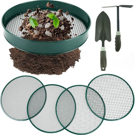 Tamis Interchangeables de Sol Inoxydable Kit avec 4 Grilles de Jardin + Pelle & Râteau (1/5)