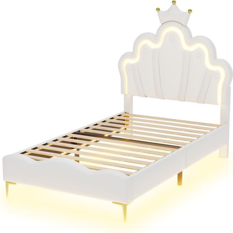 Lit princesse 90x200, lit fille avec led, lit simple similicuir blanc, tête de lit nuage, sommier inclus. (1/5)