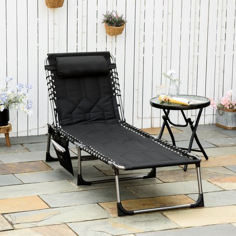 Transat de soleil pliant avec oreiller et sac latéral - pour plage et piscine. - charge 130 kg - noir - dossier 5 positions. Étanche (1/4)