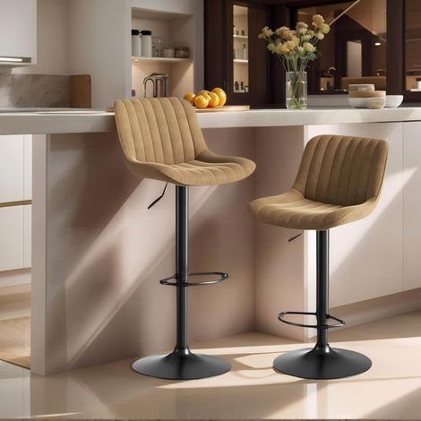 Lot de 2 tabourets de bar en velours marron, structure métal et bois, réglables en hauteur 87-109 cm, pivotants à 360° avec dossier ergonomique FLORAGRACE (1/5)