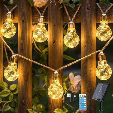 Guirlande lumineuse solaire extérieure, 16 ampoules 8M, guirlande résistante aux intempéries, 8 modes, minuterie, dimmable, USB, pour jardin balcon terrasse mariage fête vintage (1/5)