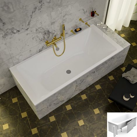 ECOLAM Badewanne Tami 200 x 90 cm + Styroporverkleidung zum Befliesen große Wanne für Zwei Rechteck Acrylwanne weiß Ablaufgarnitur Ab- und Überlauf Füße Silikon Duobadewanne