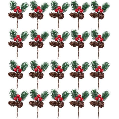 20 pommes de pin artificielles, aiguilles de pin et tiges décoratives pour Noël et loisirs créatifs-10.00X6.00X4.00CM-Random Color (1/3)