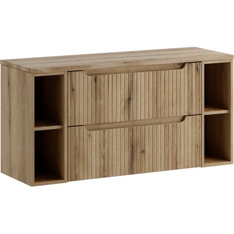 Meuble salle de bain suspendu NOVA Chêne naturel 120cm – 2 tiroirs et 2 étagères (1/5)