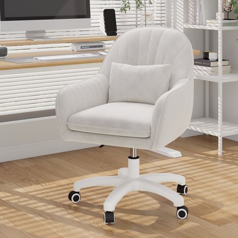Hawthyhome Chaise de bureau, chaise en velours avec coussin, pivotante à 360°, réglable en hauteur, chaise de maquillage, chaise pivotante, pour bureau ou chambre à coucher,Blanc (1/5)