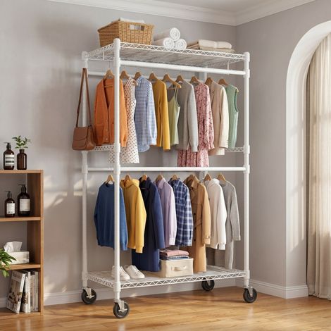 Portant à Vêtements sur Roulettes avec 4 Tringles et 2 Crochets, 90 × 52 × 204.5 cm Penderie en Métal, Vestiaire, avec 2 Étagères Réglables, Construction acier carbone, Blanc
