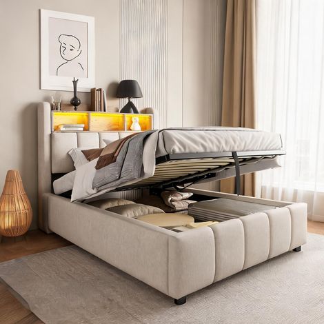 Cadre de lit beige en upholstered 215 x 90 x 110 cm (1/5)
