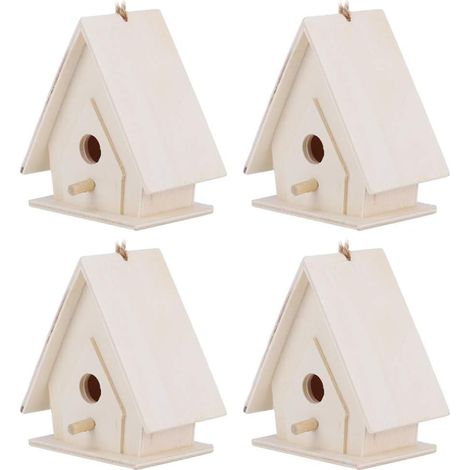 Nichoirs en Bois, 4 Pièces de Mini Nichoirs en Bois avec Poteau, Artisanat D'ornement de Cage de Nids d'oiseaux Suspendus pour Décor de Cour de Jardin
