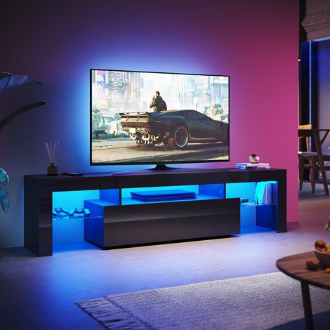 SONNI Modern TV Schrank mit LED-Lichtern, Offenes Glasregal. 1 Klapptür, Geeignet für Wohnzimmer und Schlafzimmer, Schwarz, 1800 x 350 x 450 mm (1/5)